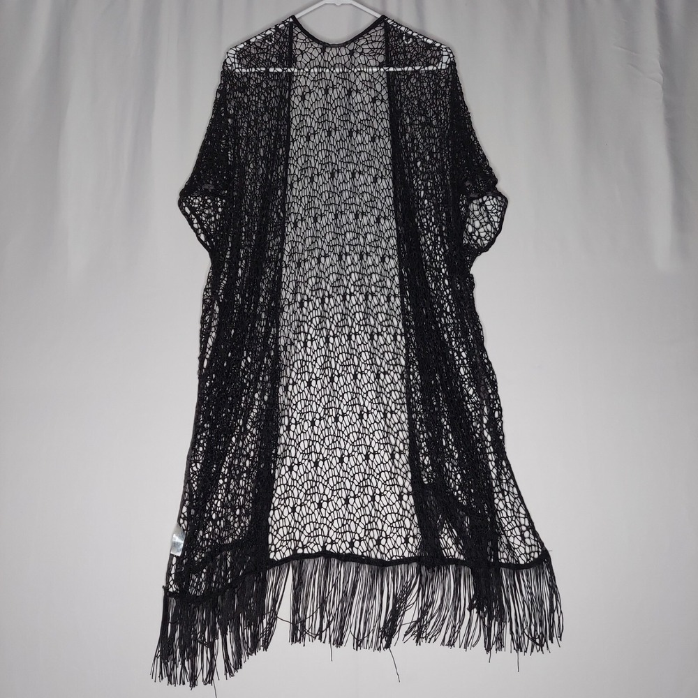 Just Be Sheer Lace Duster Coverup OS Black Fringe Whimygoth Fairy Romantic Boho‎